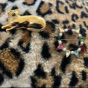 two vintage brooches - cat brooch and B. David brooch with rhinestones